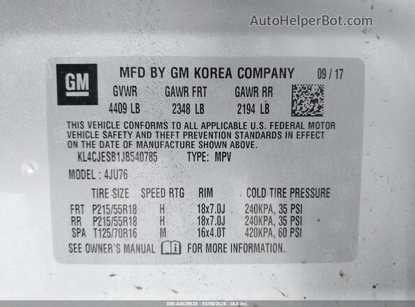 KL4CJESB1JB540785 2018 BUICK ENCORE Серебряный Вид подкапотного пространства