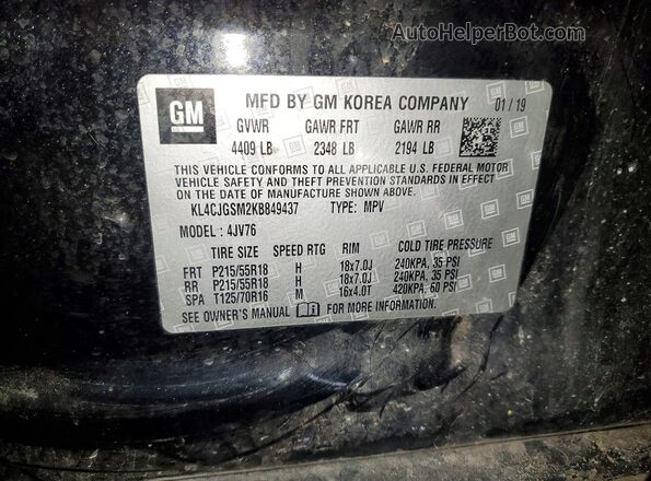 KL4CJGSM2KB849437 2019 BUICK ENCORE Черный Вид наклейки с VIN-кодом