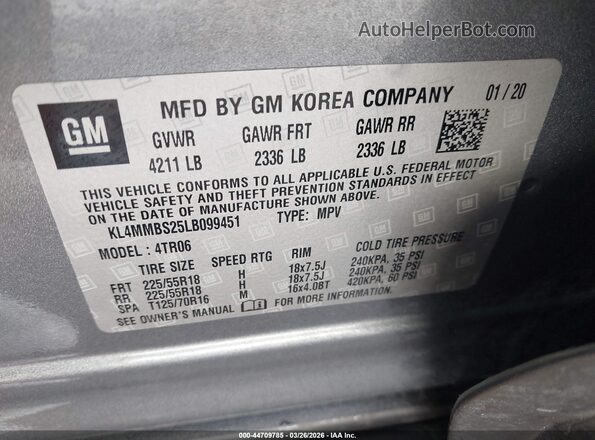 KL4MMBS25LB099451 2020 BUICK ENCORE Серый Вид подкапотного пространства