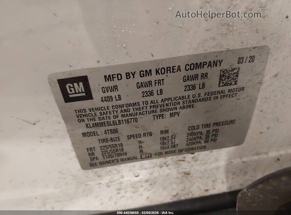 KL4MMESL6LB116770 2020 BUICK ENCORE White Vista del compartimento del motor