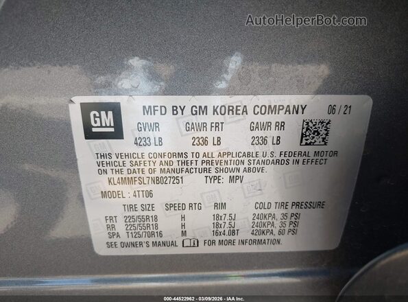 KL4MMFSL7NB027251 2022 BUICK ENCORE Серый Вид подкапотного пространства