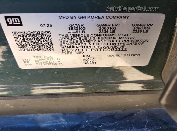 KL77LFEP3TC001111 2026 CHEVROLET TRAX Charcoal VIN sticker view