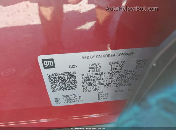 KL77LFEP7TC074286 2026 CHEVROLET TRAX Red ძრავის განყოფილების ხედი