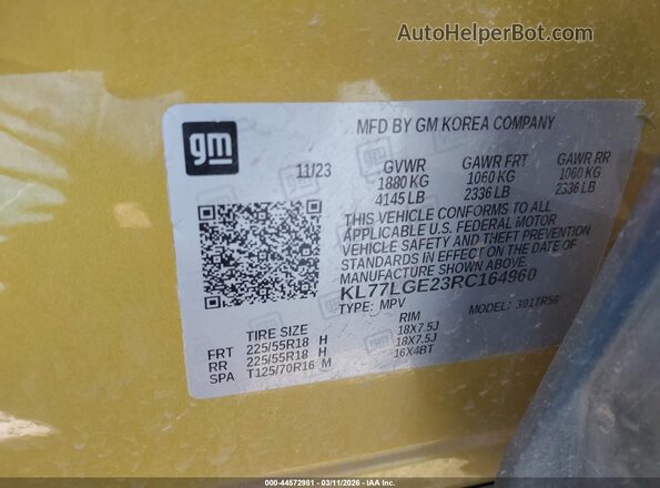 KL77LGE23RC164960 2024 CHEVROLET TRAX Yellow ძრავის განყოფილების ხედი