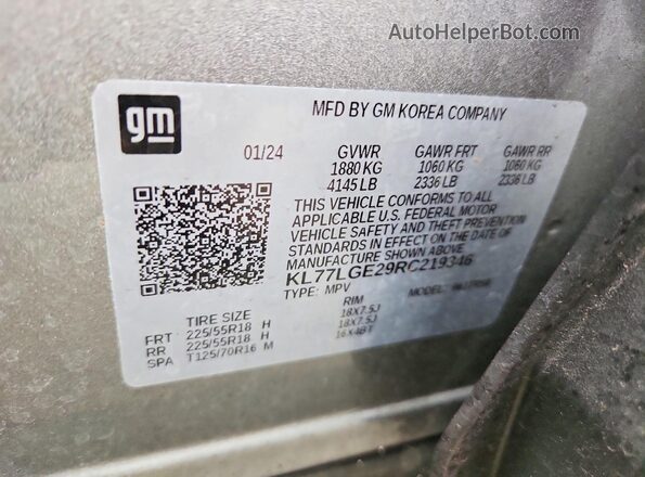 KL77LGE29RC219346 2024 CHEVROLET TRAX Серый Вид наклейки с VIN-кодом