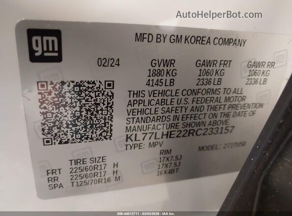 KL77LHE22RC233157 2024 CHEVROLET TRAX White ძრავის განყოფილების ხედი