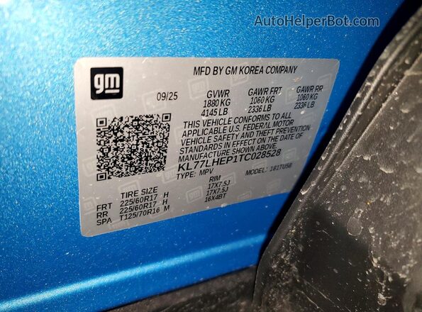 KL77LHEP1TC028528 2026 CHEVROLET TRAX Синий Вид наклейки с VIN-кодом