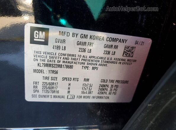 KL79MMS22MB178680 2021 CHEVROLET TRAILBLAZER Black VIN კოდის სტიკერის ხედი