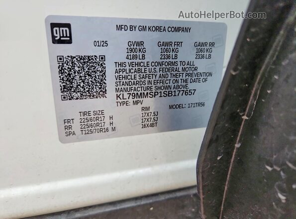 KL79MMSP1SB177657 2025 CHEVROLET TRAILBLAZER White Widok naklejki z numerem VIN