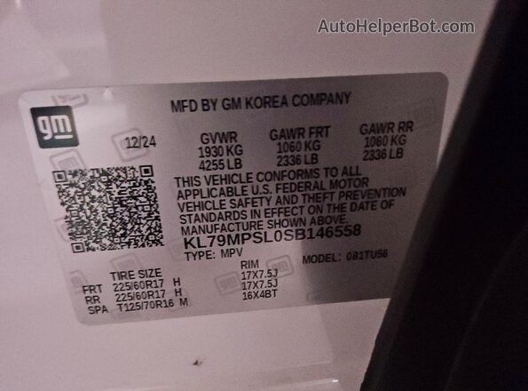 KL79MPSL0SB146558 2025 CHEVROLET TRAILBLAZER White Vista de la etiqueta del VIN