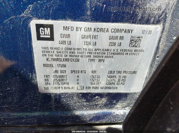 KL79MRSLXMB124338 2021 CHEVROLET TRAILBLAZER Turquoise Widok komory silnika