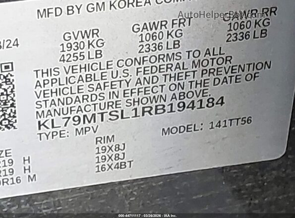 KL79MTSL1RB194184 2024 CHEVROLET TRAILBLAZER Черный Вид подкапотного пространства