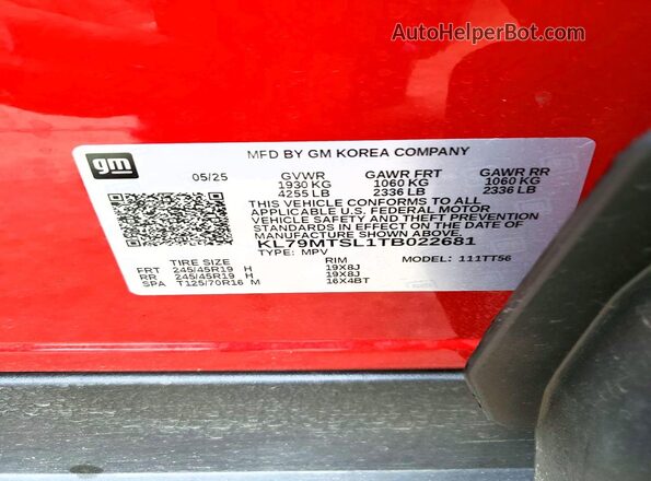 KL79MTSL1TB022681 2026 CHEVROLET TRAILBLAZER Red VIN sticker view