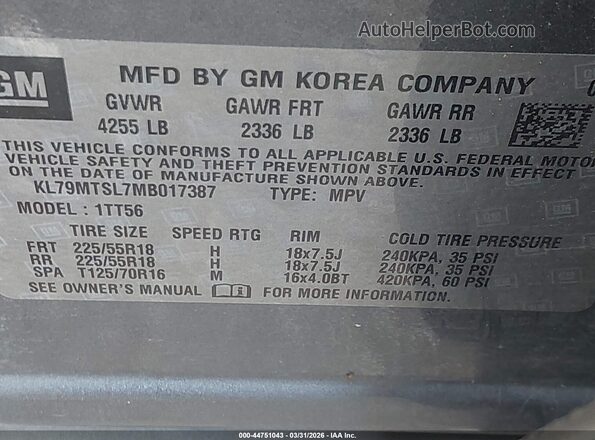 KL79MTSL7MB017387 2021 CHEVROLET TRAILBLAZER Gray ძრავის განყოფილების ხედი
