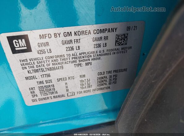 KL79MTSL7NB064419 2022 CHEVROLET TRAILBLAZER Light Blue ძრავის განყოფილების ხედი