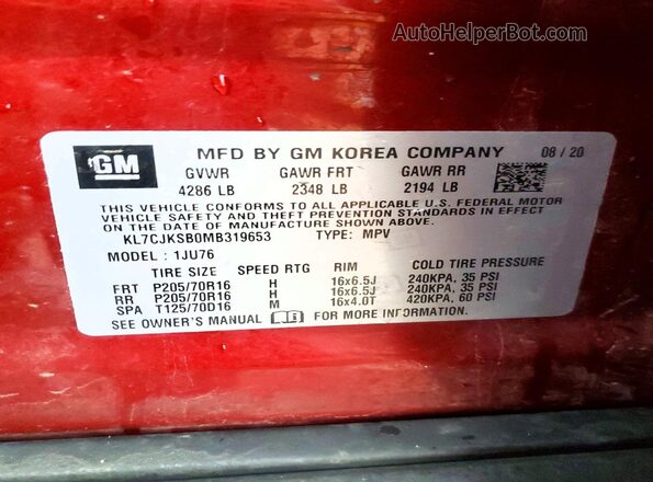 KL7CJKSB0MB319653 2021 CHEVROLET TRAX Maroon Widok naklejki z numerem VIN