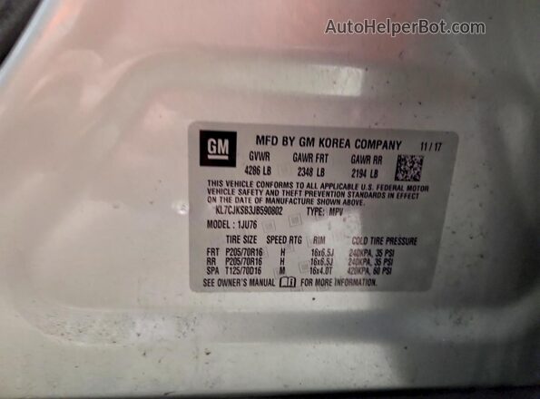 KL7CJKSB3JB590802 2018 CHEVROLET TRAX Серебряный Вид наклейки с VIN-кодом