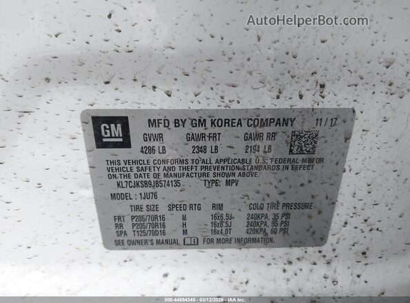 KL7CJKSB9JB574135 2018 CHEVROLET TRAX Белый Вид подкапотного пространства
