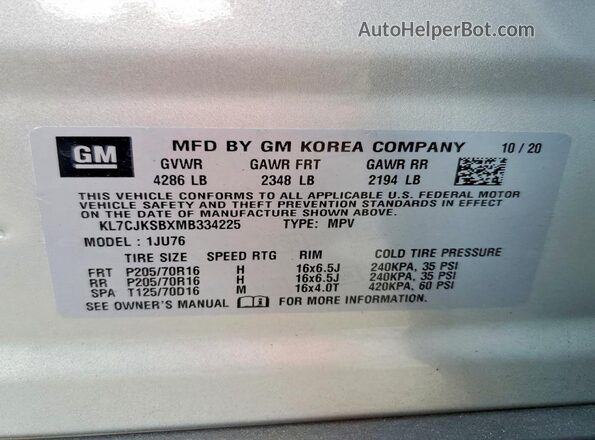 KL7CJKSBXMB334225 2021 CHEVROLET TRAX Серый Вид наклейки с VIN-кодом