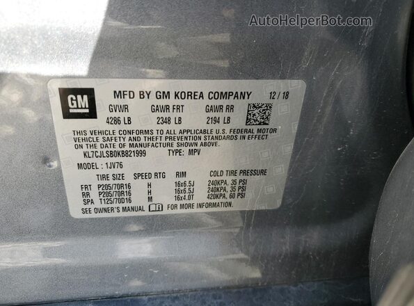 KL7CJLSB0KB821999 2019 CHEVROLET TRAX Silver Vista de la etiqueta del VIN