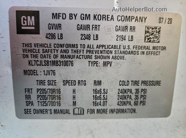 KL7CJLSB1MB310076 2021 CHEVROLET TRAX White Engine compartment view