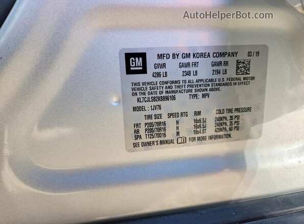 KL7CJLSB2KB896106 2019 CHEVROLET TRAX Silver Vista interior de 360 grados