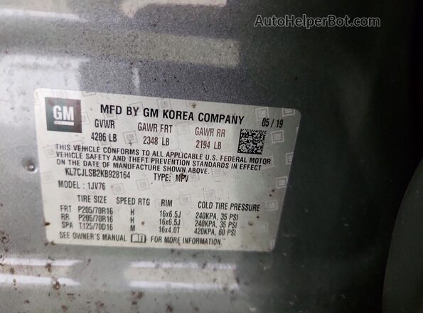 KL7CJLSB2KB928164 2019 CHEVROLET TRAX Gray VIN կոդի պիտակի տեսք