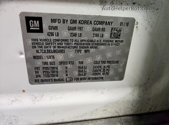 KL7CJLSB3JB634903 2018 CHEVROLET TRAX White Widok komory silnika