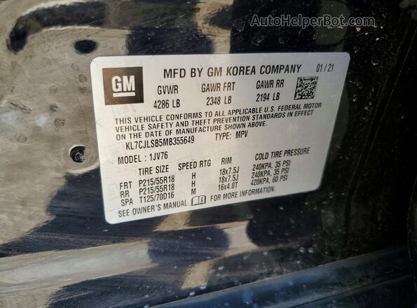 KL7CJLSB5MB355649 2021 CHEVROLET TRAX Blue VIN sticker view
