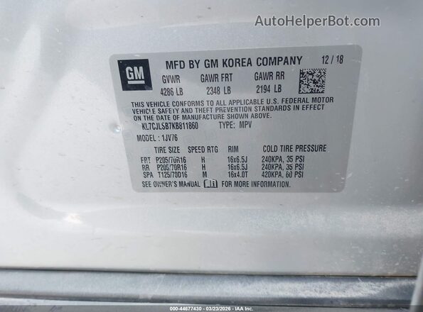 KL7CJLSB7KB811860 2019 CHEVROLET TRAX Серебряный Вид подкапотного пространства
