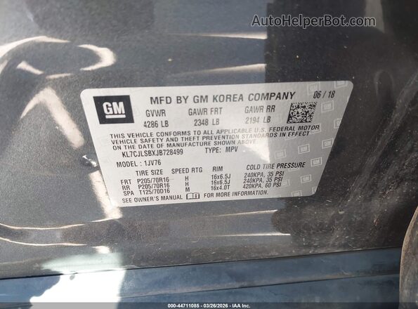 KL7CJLSBXJB728499 2018 CHEVROLET TRAX Серый Вид подкапотного пространства