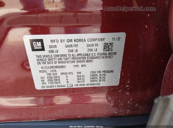 KL7CJLSM2NB568853 2022 CHEVROLET TRAX Бордовый Вид подкапотного пространства