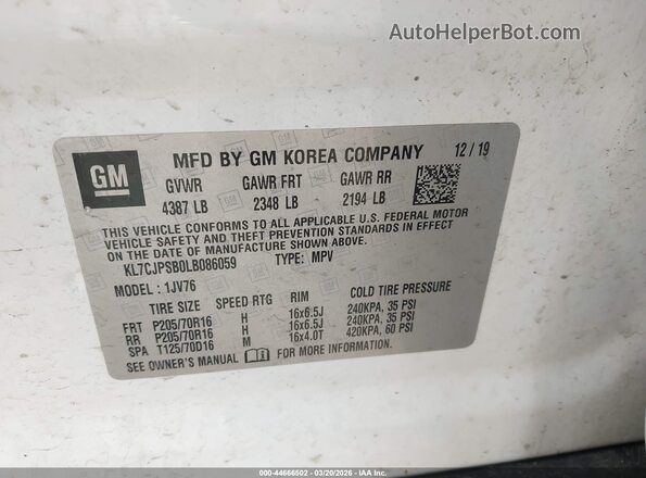 KL7CJPSB0LB086059 2020 CHEVROLET TRAX White Widok komory silnika