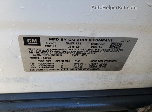 KL7CJPSB1JB569685 2018 CHEVROLET TRAX Белый Вид наклейки с VIN-кодом