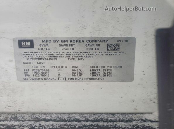 KL7CJPSB2KB749923 2019 CHEVROLET TRAX Белый Вид наклейки с VIN-кодом