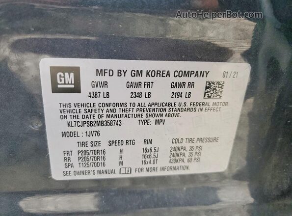 KL7CJPSB2MB358743 2021 CHEVROLET TRAX Blue Vista interior de 360 grados