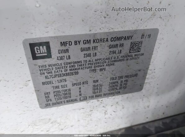 KL7CJPSB3KB828789 2019 CHEVROLET TRAX Белый Вид подкапотного пространства