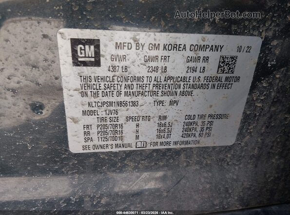 KL7CJPSM1NB561383 2022 CHEVROLET TRAX Gray Vista del compartimento del motor