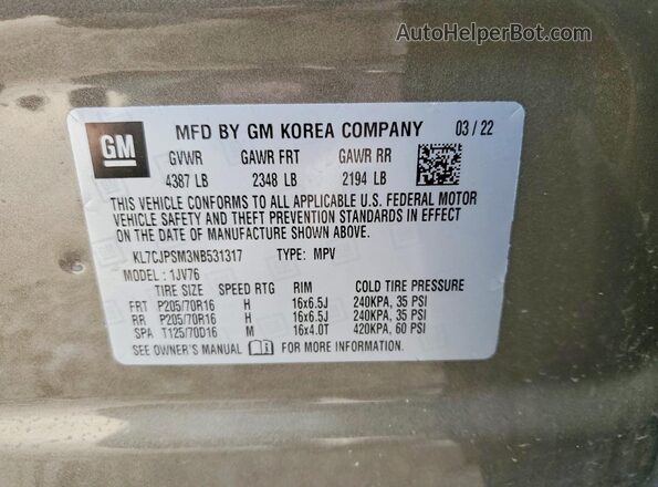 KL7CJPSM3NB531317 2022 CHEVROLET TRAX Коричневый Панорамный вид салона 360°