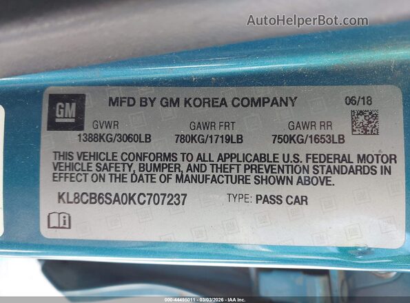 KL8CB6SA0KC707237 2019 CHEVROLET SPARK Бирюзовый Вид подкапотного пространства