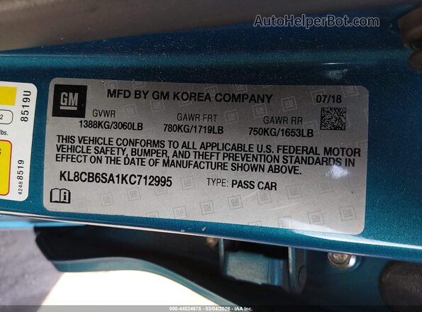 KL8CB6SA1KC712995 2019 CHEVROLET SPARK Blue Vista del compartimento del motor