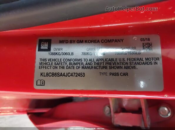 KL8CB6SA4JC472453 2018 CHEVROLET SPARK Red Вид підкапотного простору