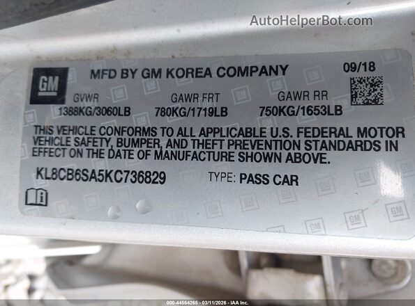KL8CB6SA5KC736829 2019 CHEVROLET SPARK Серебряный Вид подкапотного пространства