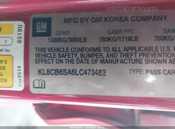 KL8CB6SA6LC473462 2020 CHEVROLET SPARK Красный Вид подкапотного пространства