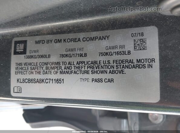 KL8CB6SA8KC711651 2019 CHEVROLET SPARK Серый Вид подкапотного пространства