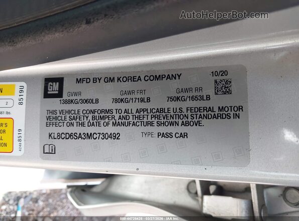 KL8CD6SA3MC730492 2021 CHEVROLET SPARK Серебряный Вид подкапотного пространства