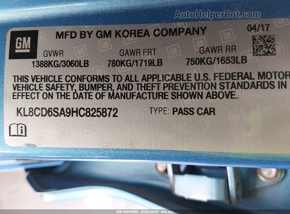 KL8CD6SA9HC825872 2017 CHEVROLET SPARK Синий Вид подкапотного пространства