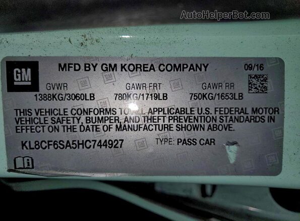 KL8CF6SA5HC744927 2017 CHEVROLET SPARK Green Widok naklejki z numerem VIN