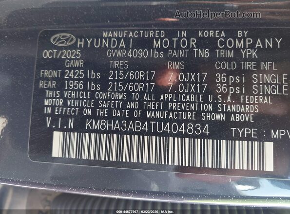 KM8HA3AB4TU404834 2026 HYUNDAI KONA Black Widok komory silnika