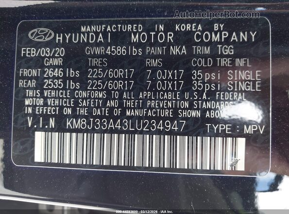 KM8J33A43LU234947 2020 HYUNDAI TUCSON Черный Вид подкапотного пространства